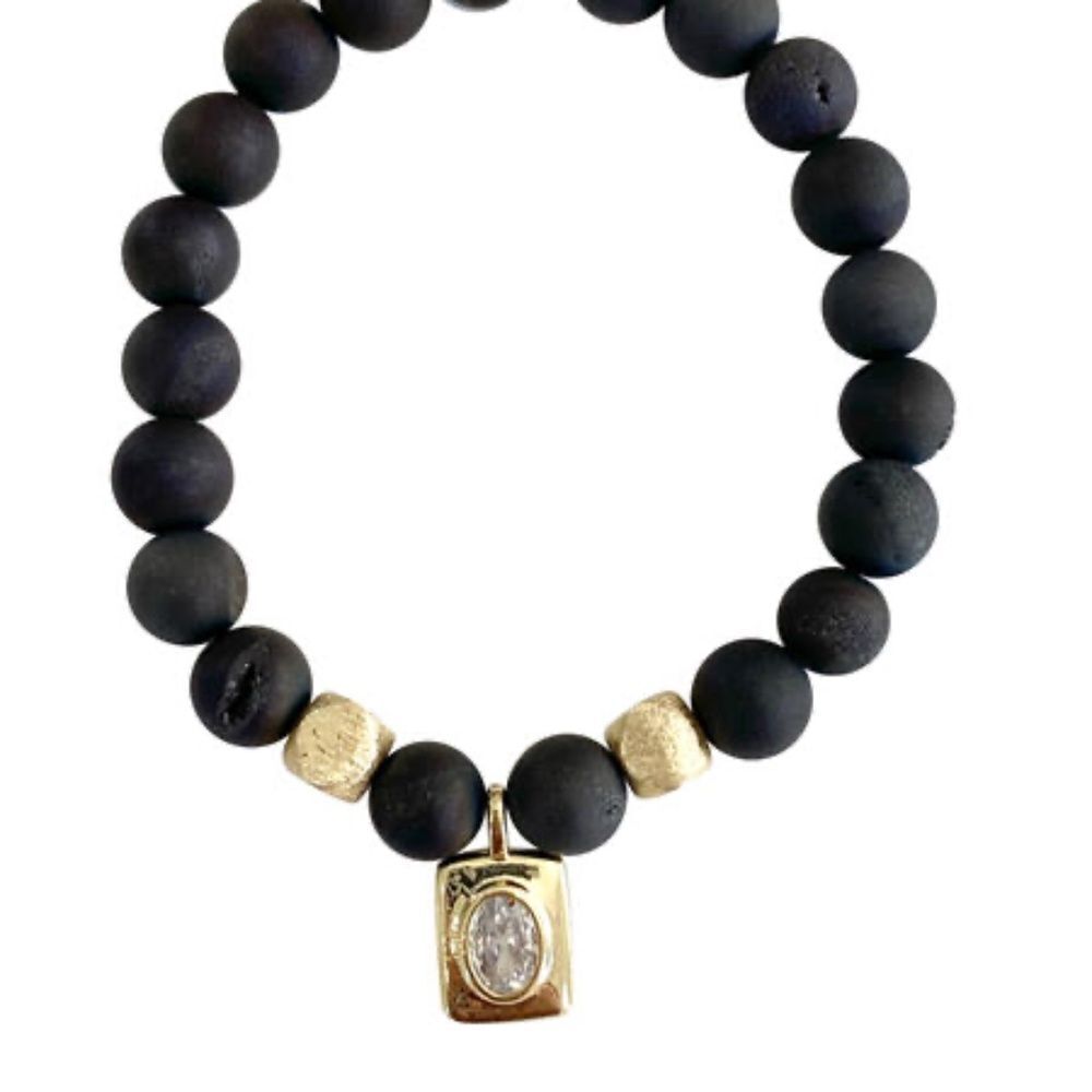 Stretch Bracelet Gold Hematite Stone Beads &m CZ Gold Charm NEW